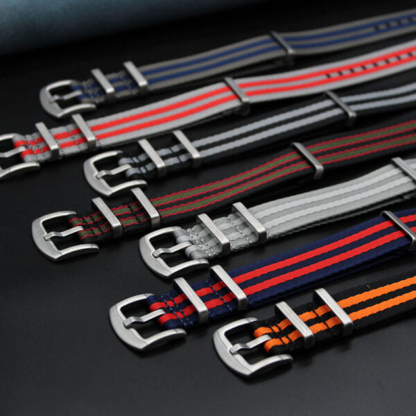 Gray blue stripes seat belt watch band.